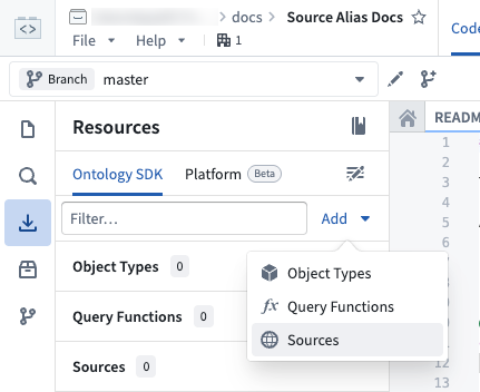 Ontology SDK 탭의 Add 메뉴에서 Sources를 선택하는 화면