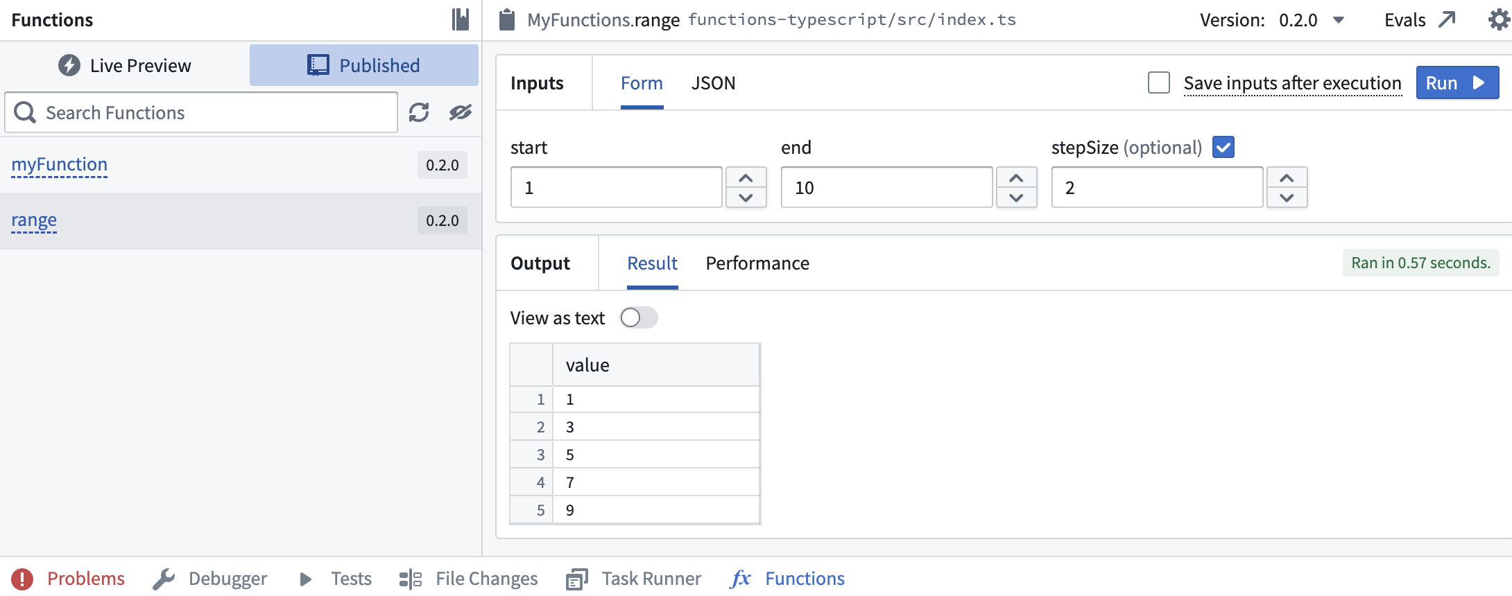 게시한 TSv1 함수를 선택하는 Functions 도우미