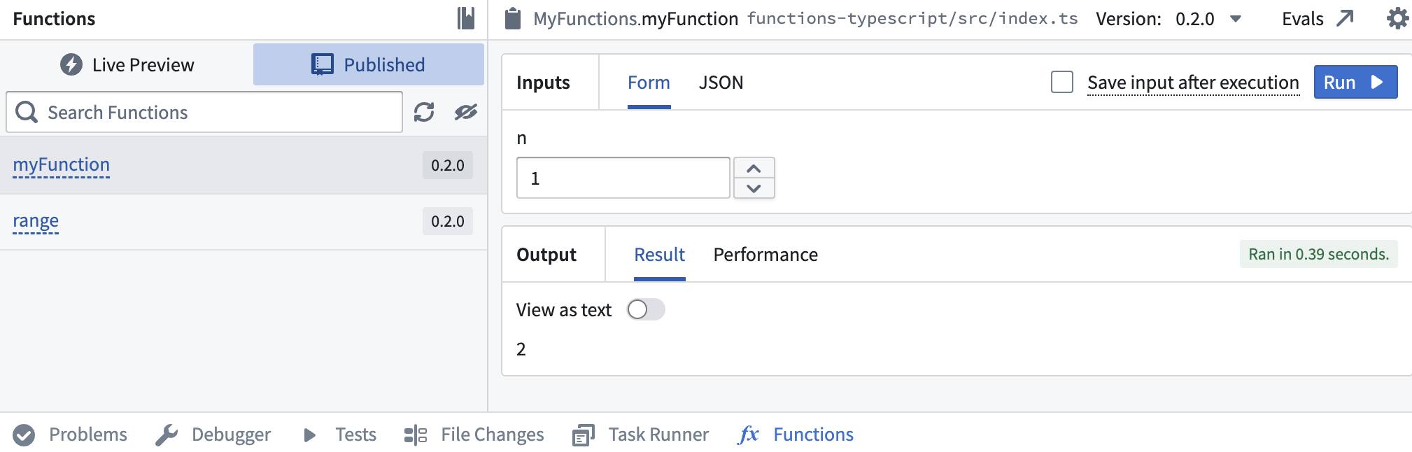 Published 목록에서 게시 버전과 입력을 선택하는 Functions 도우미