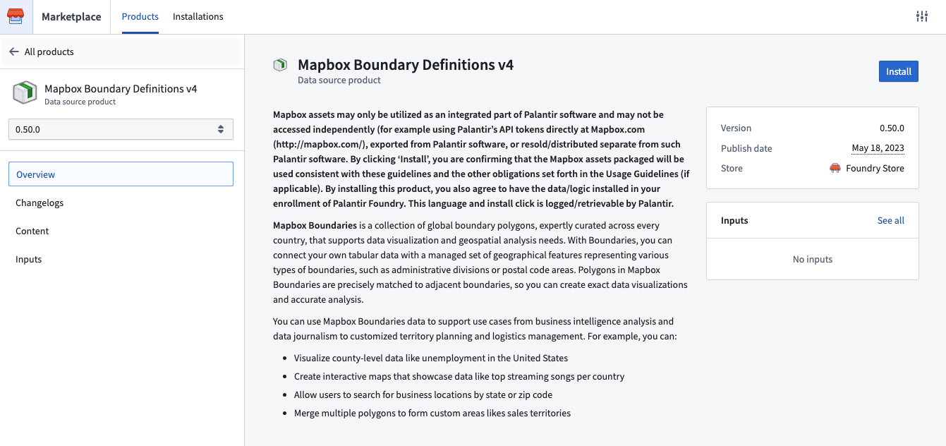 Marketplace의 Mapbox Boundary Definitions v4
