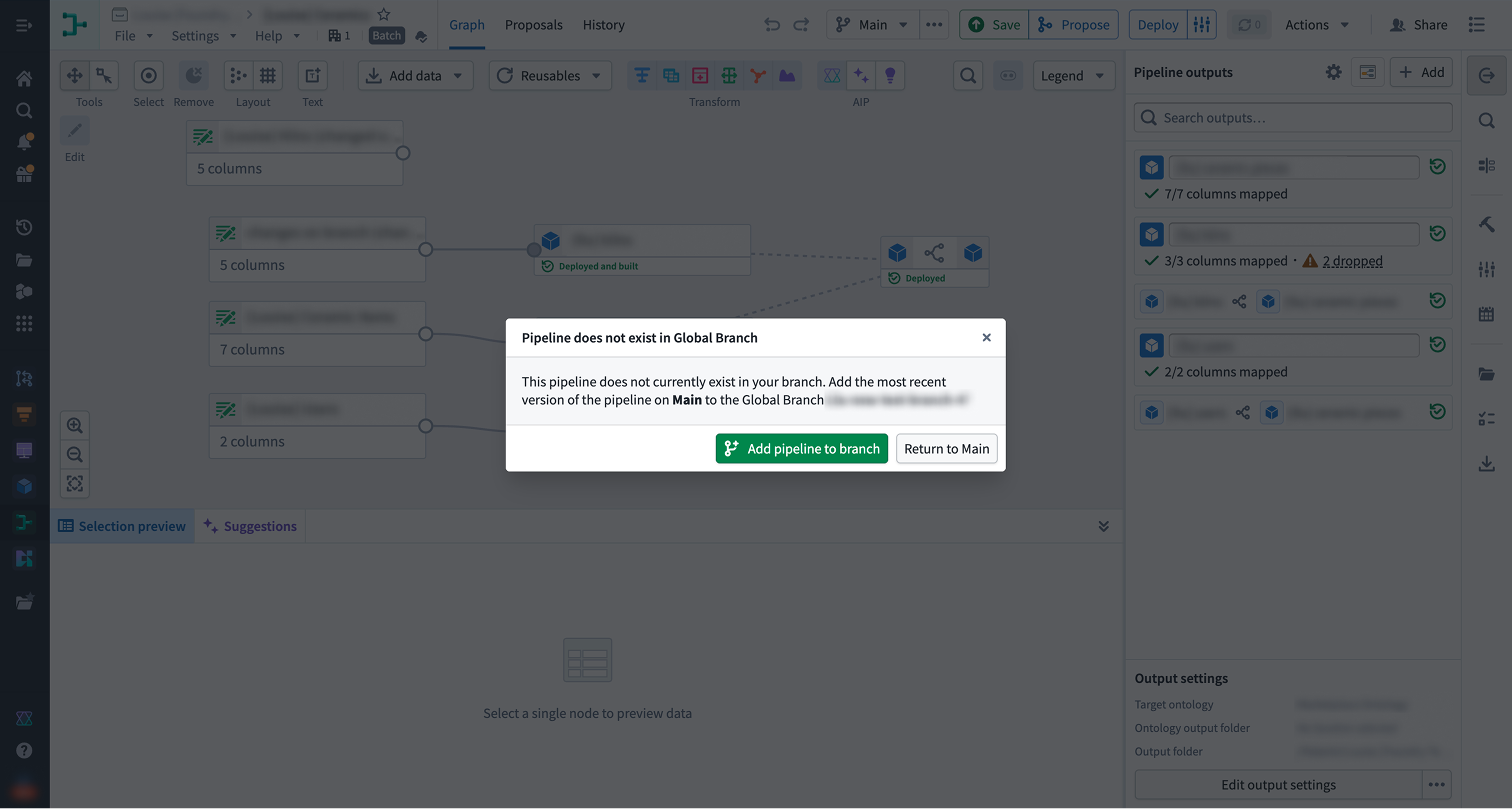 수정할 Pipeline Builder 파이프라인을 브랜치에 추가하는 확인