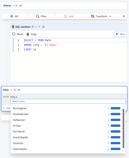 SQL 결과와 경로 객체 수를 구분한 예시