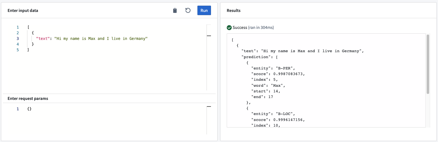이름과 장소 개체 및 점수를 반환하는 NER 예시