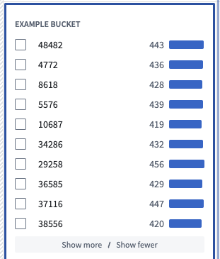 선택한 버킷의 개수를 다시 계산해 표시한 Workshop Filter List 히스토그램