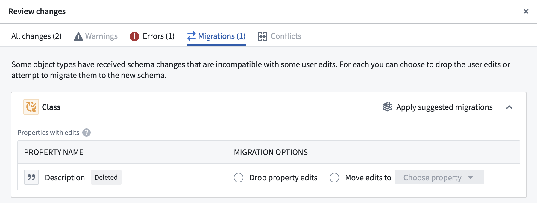 Review changes의 Migrations 탭에서 지원 이전 명령을 선택하는 화면