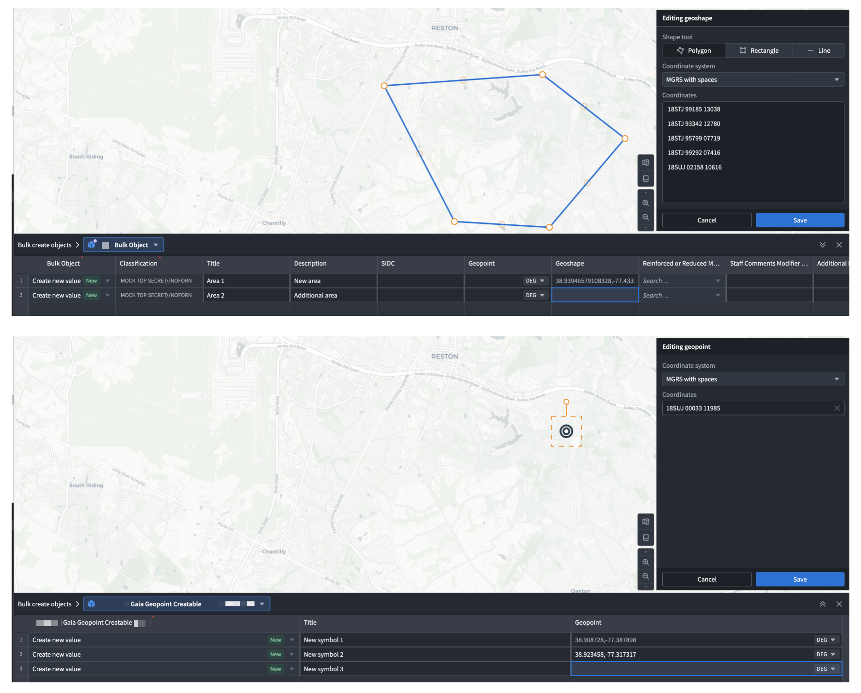 일괄 표의 지리 속성 셀에서 다음 도형이나 점을 입력하는 편집 패널