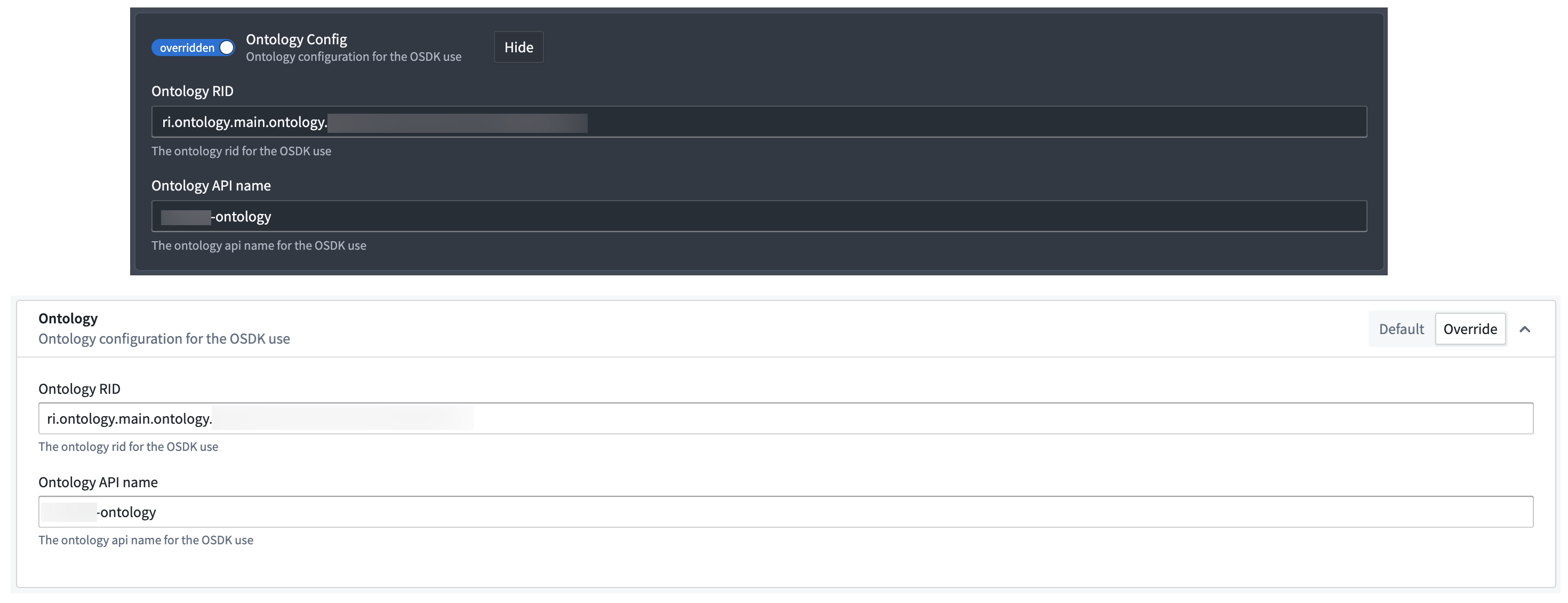 Gaia 관리 앱 또는 Control Panel에 대상 온톨로지 RID와 API 이름을 지정하는 패널