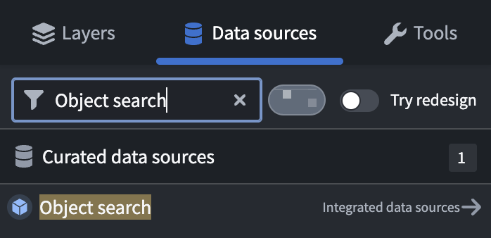 Gaia의 Data sources에서 Object search를 통해 MRS 사용 가능 여부를 확인하는 화면