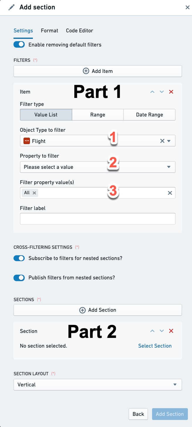 연결 객체에 적용할 사전 필터와 내부 위젯을 설정하는 Filter Container