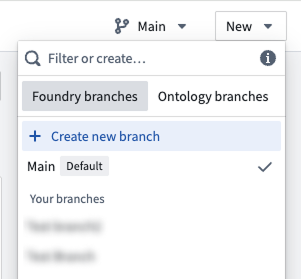 Ontology Manager의 기존 브랜치 선택과 Create new branch 메뉴