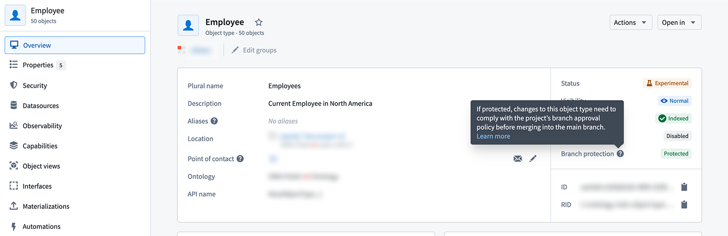 Ontology Manager Overview에 표시된 보호 상태