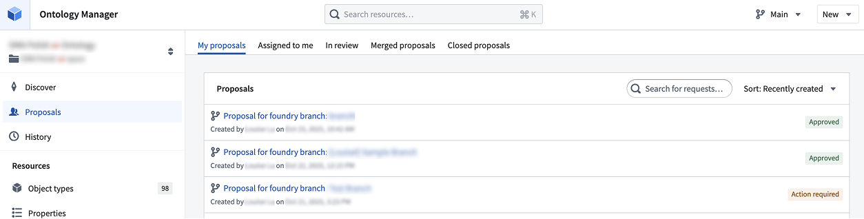 작성자와 검토 상태별로 제안을 찾는 Ontology Manager의 Proposals 목록