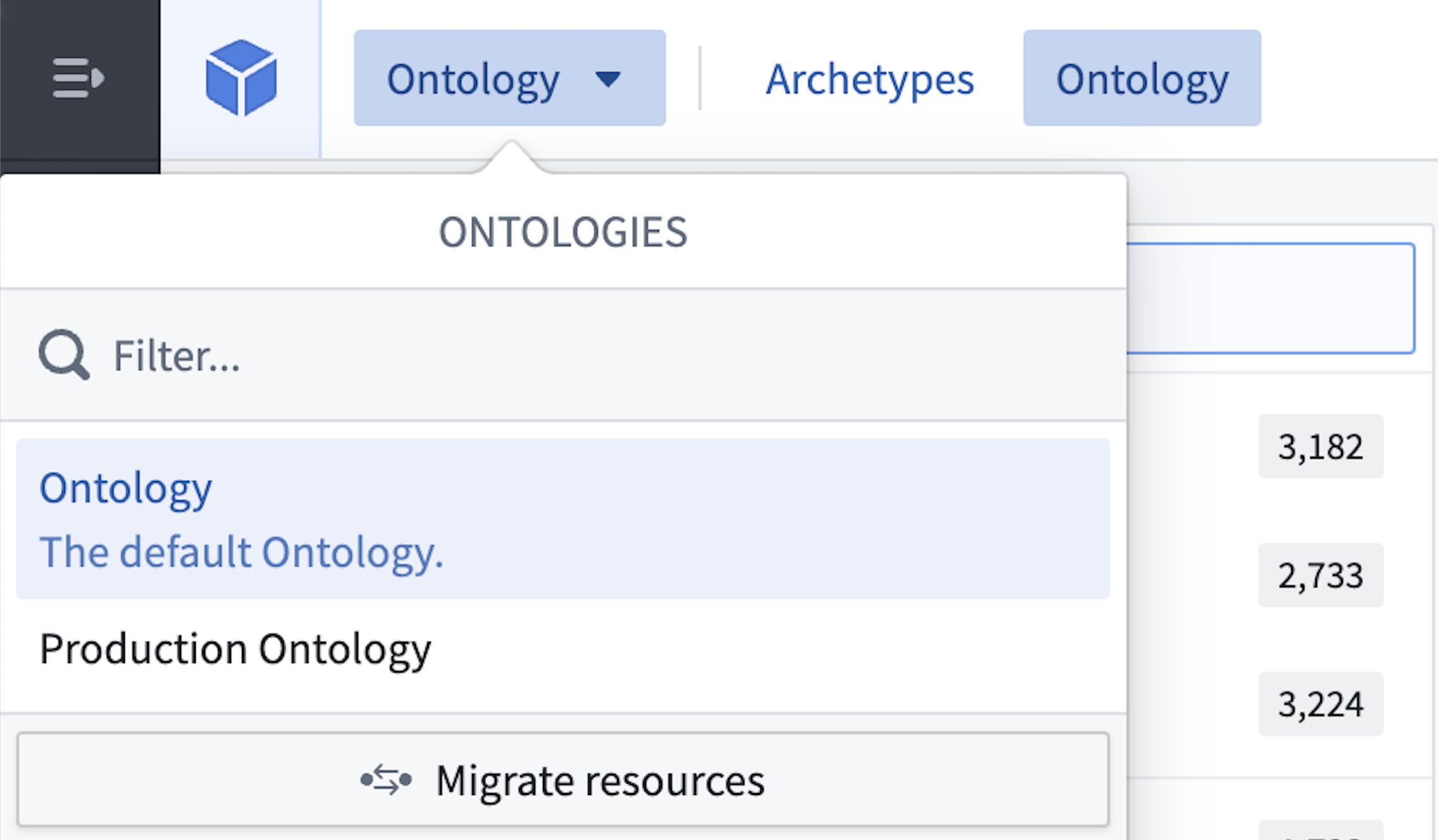 Ontology Manager에서 이전할 리소스가 속한 온톨로지를 선택하는 메뉴