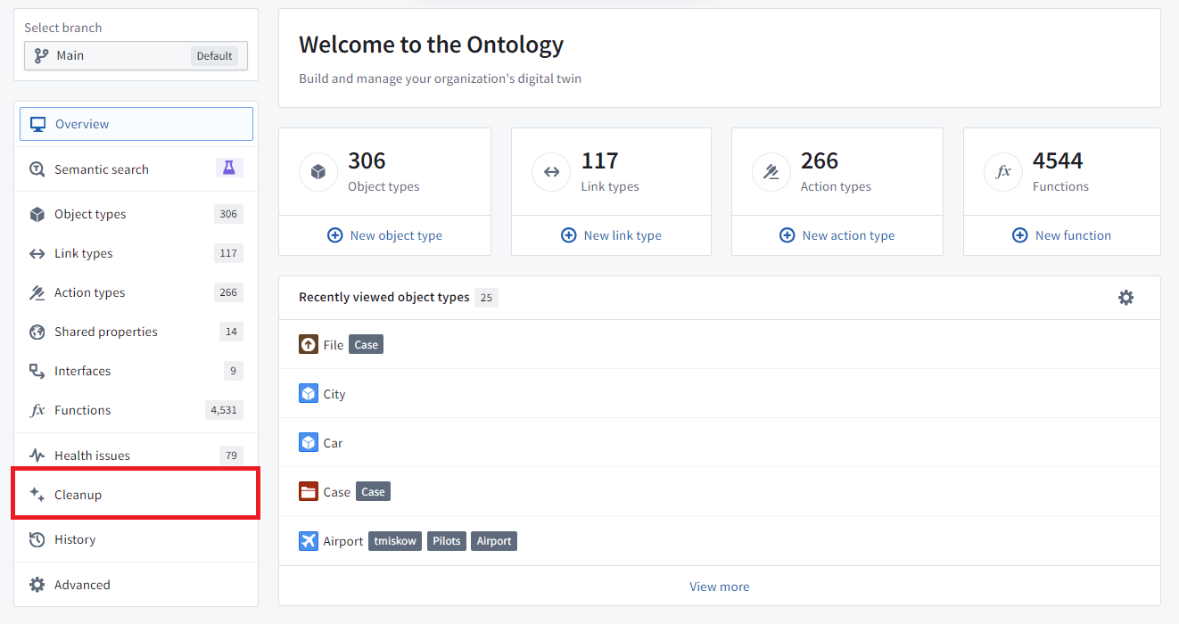 Ontology Manager 홈에서 Cleanup 도구를 여는 위치