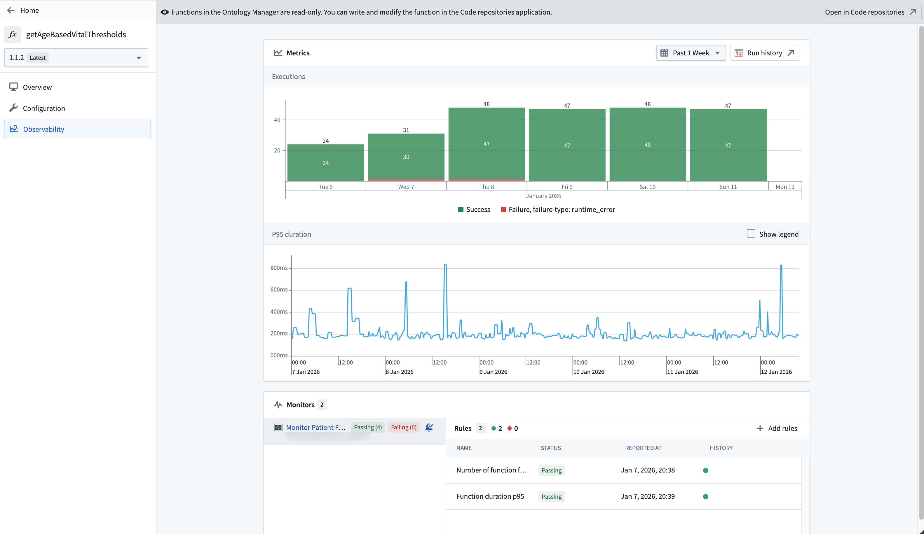 함수 사용량과 모니터링 상태를 표시하는 Observability
