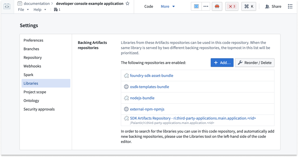 Code Repositories Libraries에 선언된 패키지 저장소