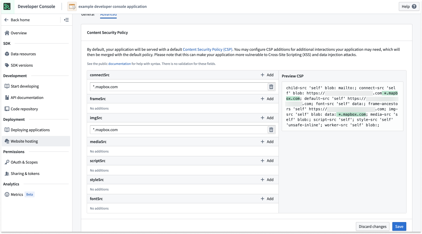 Developer Console 앱에 적용할 CSP 설정