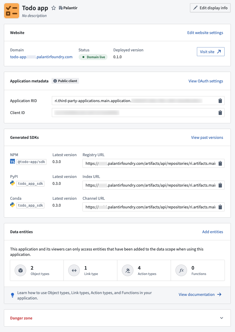 Developer Console 데모 앱에서 보여 주는 SDK 코드 예제와 문서