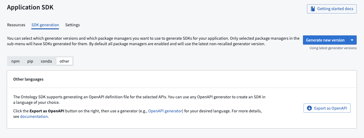 SDK generation의 Other languages에서 OpenAPI를 내보내는 버튼
