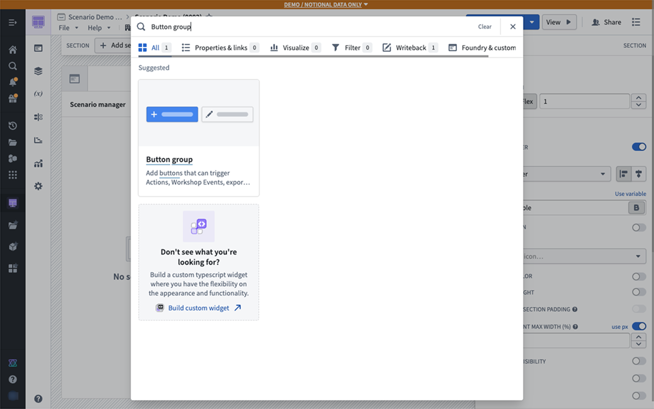시나리오 편집 액션을 실행할 Button Group 위젯 선택