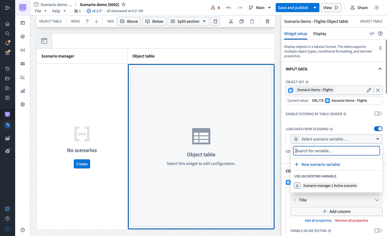 Object Table의 Load Data from Scenario와 시나리오 변수 설정