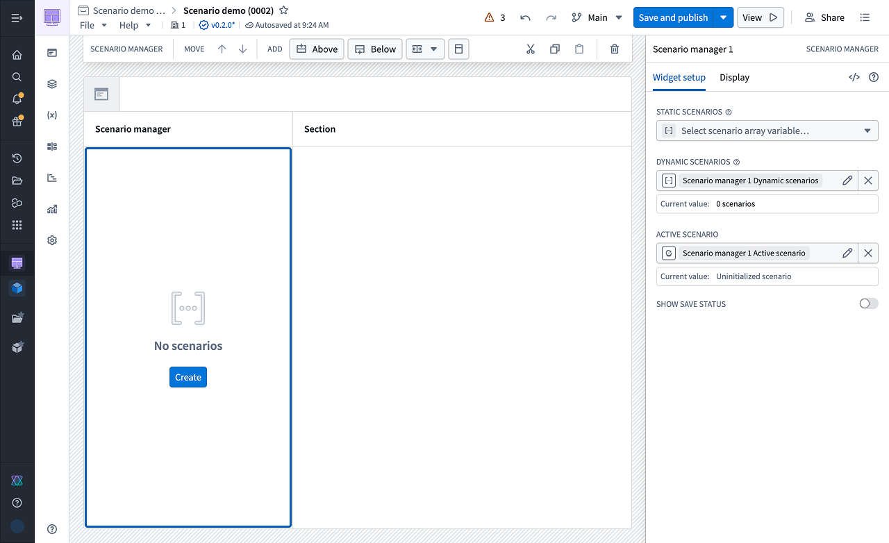 Dynamic scenarios 변수를 연결하여 Create 버튼이 표시된 Scenario Manager