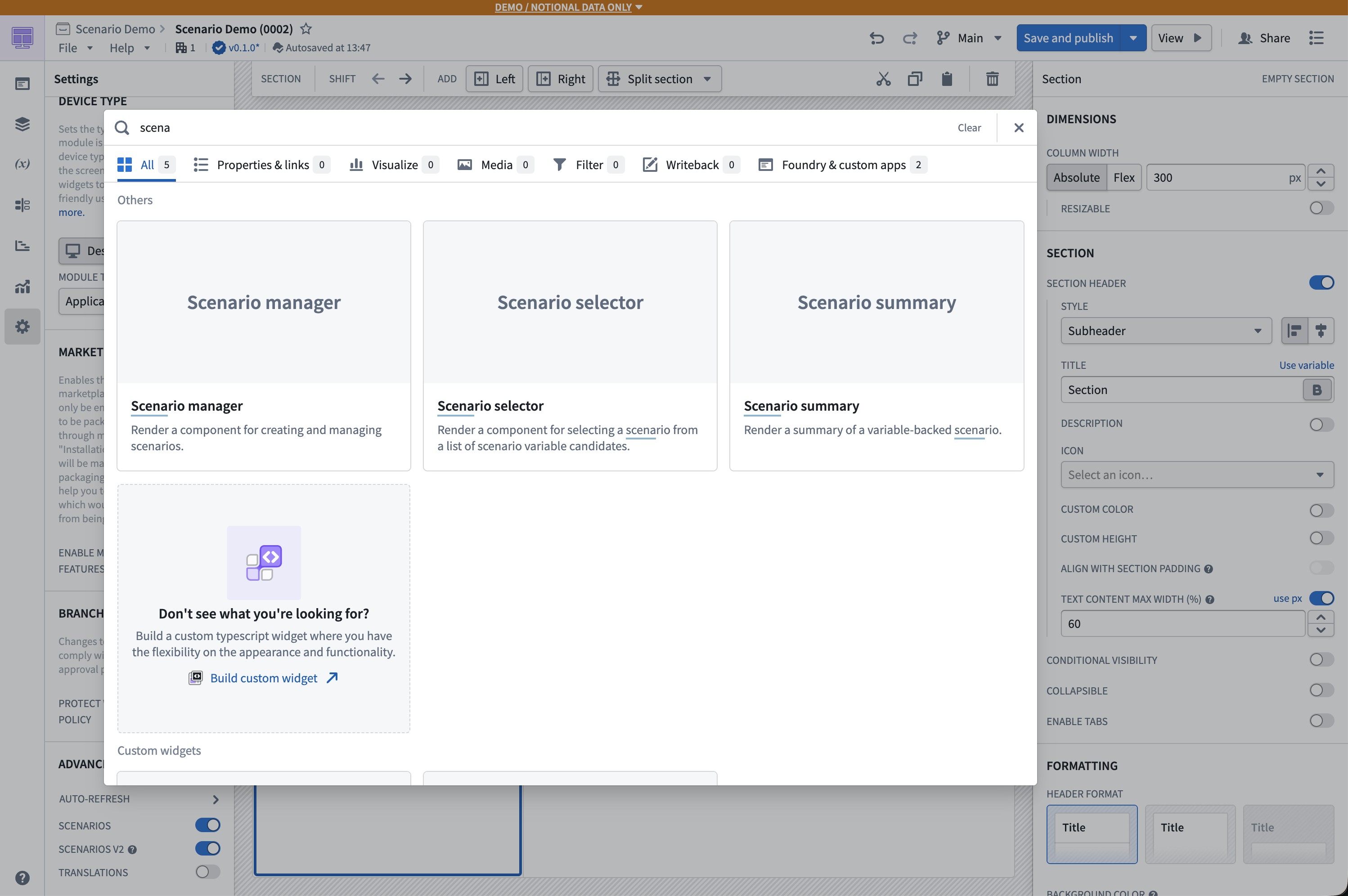 Scenario Manager, Scenario Selector와 Scenario Summary를 찾는 위젯 목록