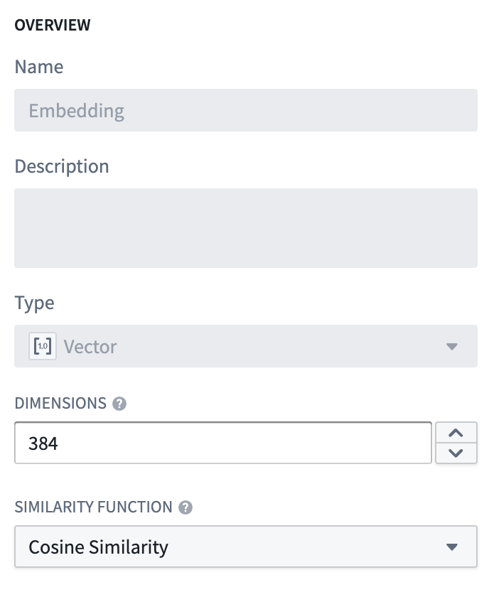 Ontology Manager에서 Vector 속성의 Dimension과 Similarity Function을 지정하는 설정