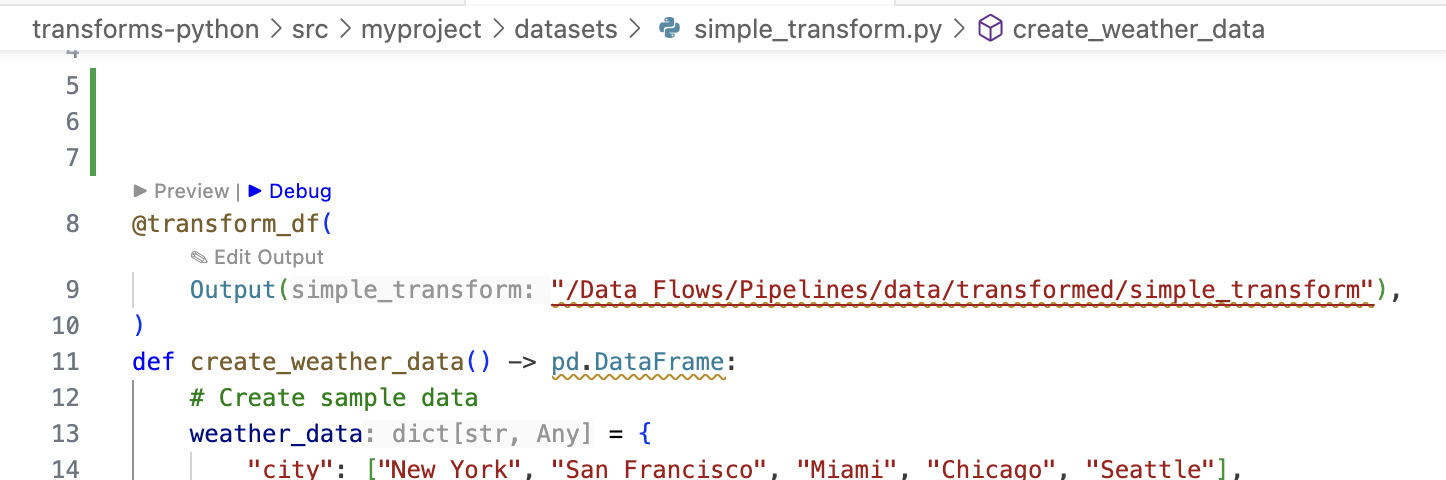 Transform CodeLens의 Debug 시작 옵션