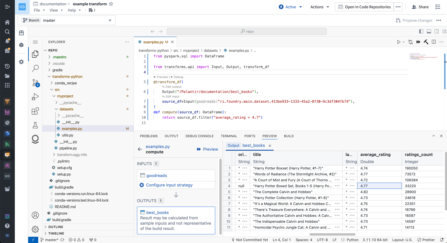 Palantir 확장이 제공하는 Python transform Preview 패널