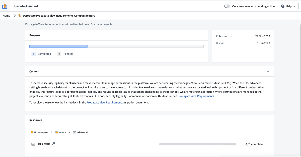 Upgrade Assistant의 Propagate view requirements 이전 항목