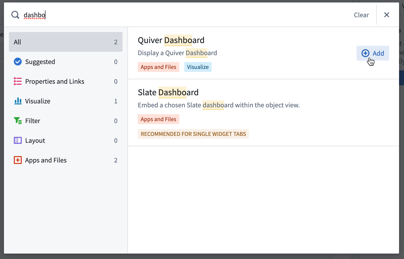 Quiver dashboard 위젯 선택