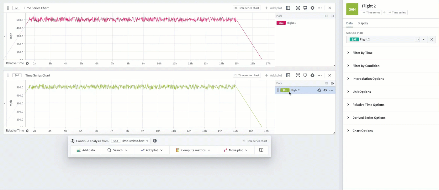 두 항공편의 상대 시간 비교