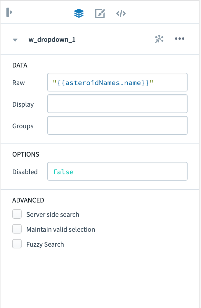 Dropdown Raw 데이터에 asteroidNames.name 결과 배열을 연결하는 설정