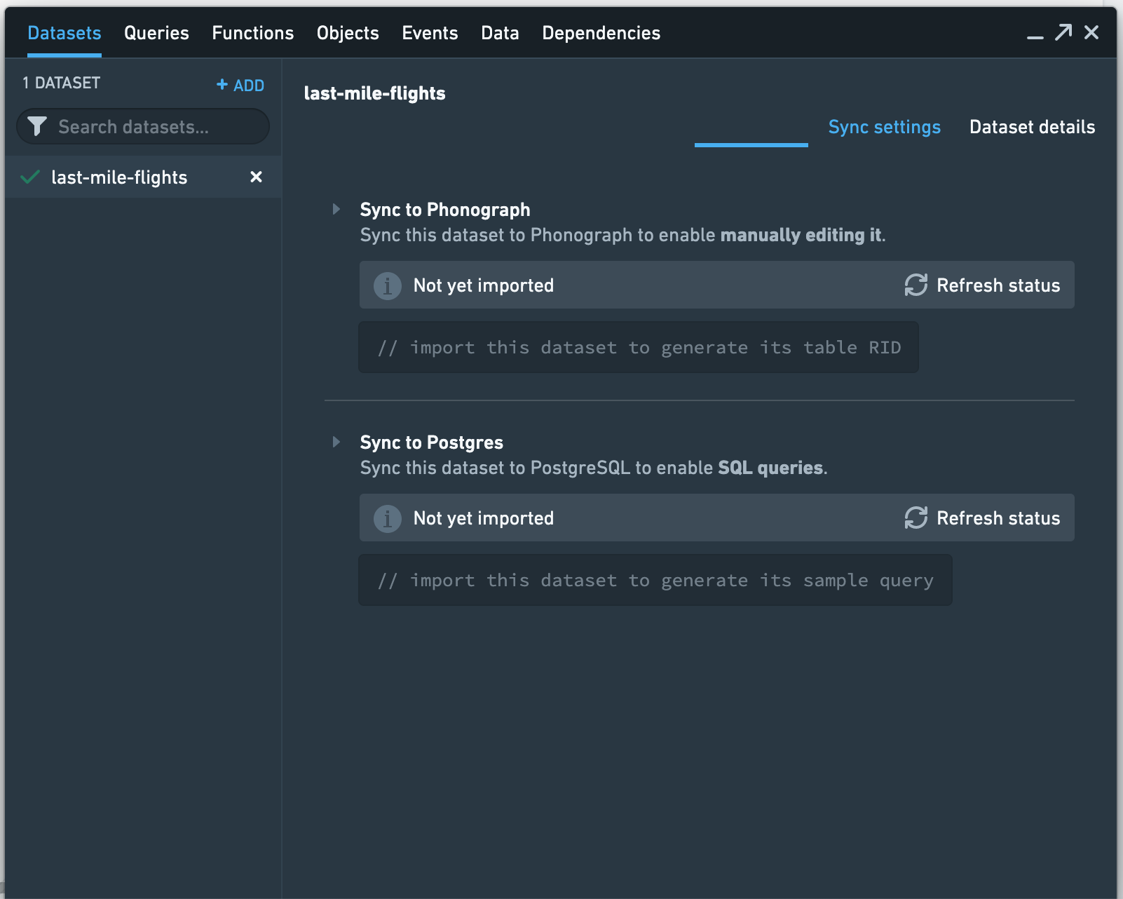 선택한 데이터셋의 Postgres 동기화 구성