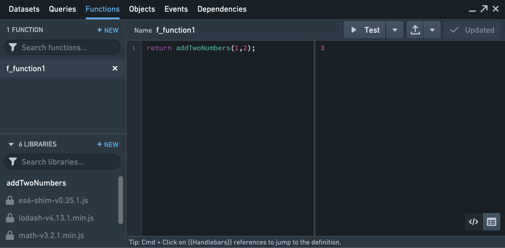 Slate JavaScript 함수를 작성하는 Functions editor