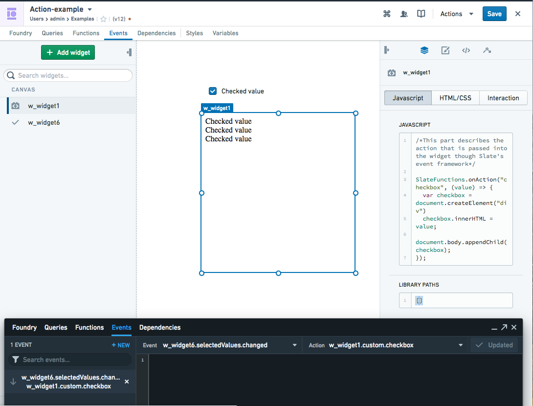 Checkbox의 변경값을 Code Sandbox 액션으로 전달하는 연결