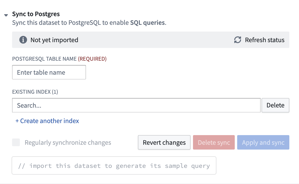 데이터셋 동기화가 제공되는 환경의 Sync to Postgres 설정