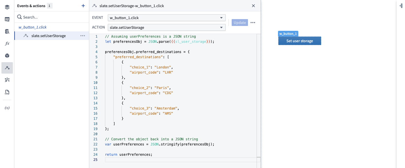 선호 목적지를 JSON 문자열로 저장하는 버튼 이벤트와 setUserStorage 액션