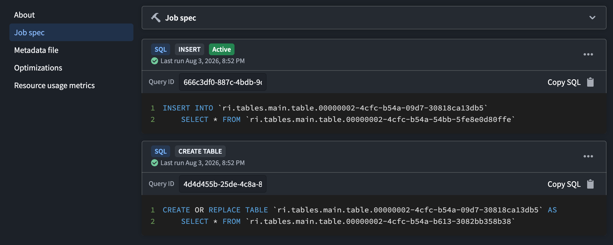여러 SQL 정의와 현재 Active 정의