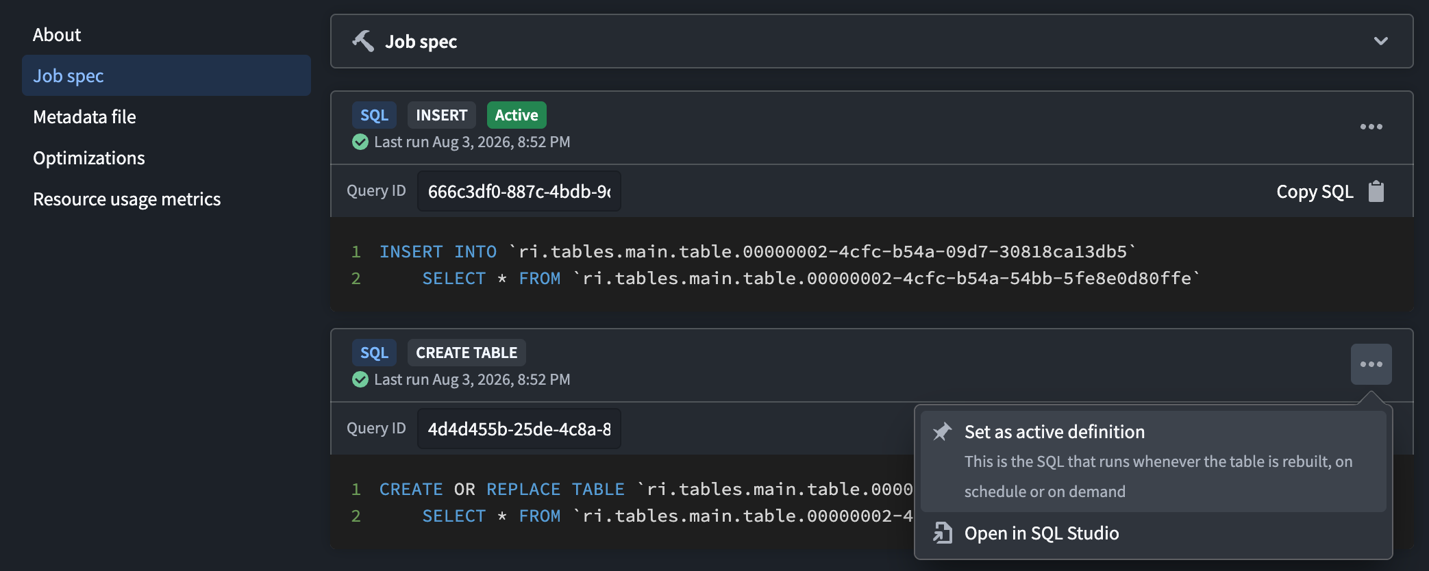 활성 정의 선택과 SQL Studio 열기