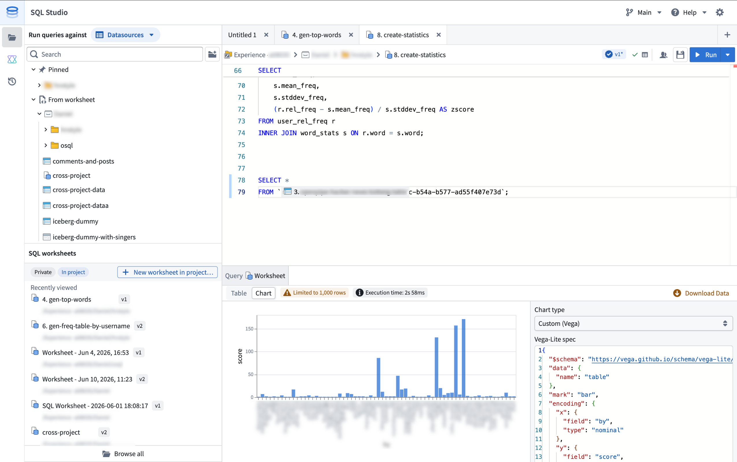 리소스 탐색기, SQL 편집기와 결과를 제공하는 SQL Studio