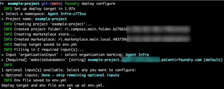 배포 대상 및 입력을 묻는 foundry deploy configure 대화형 화면