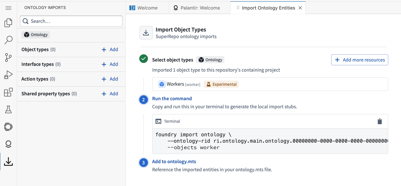 프로젝트 가져오기 후 저장소 메타데이터에 반영할 foundry import ontology 명령
