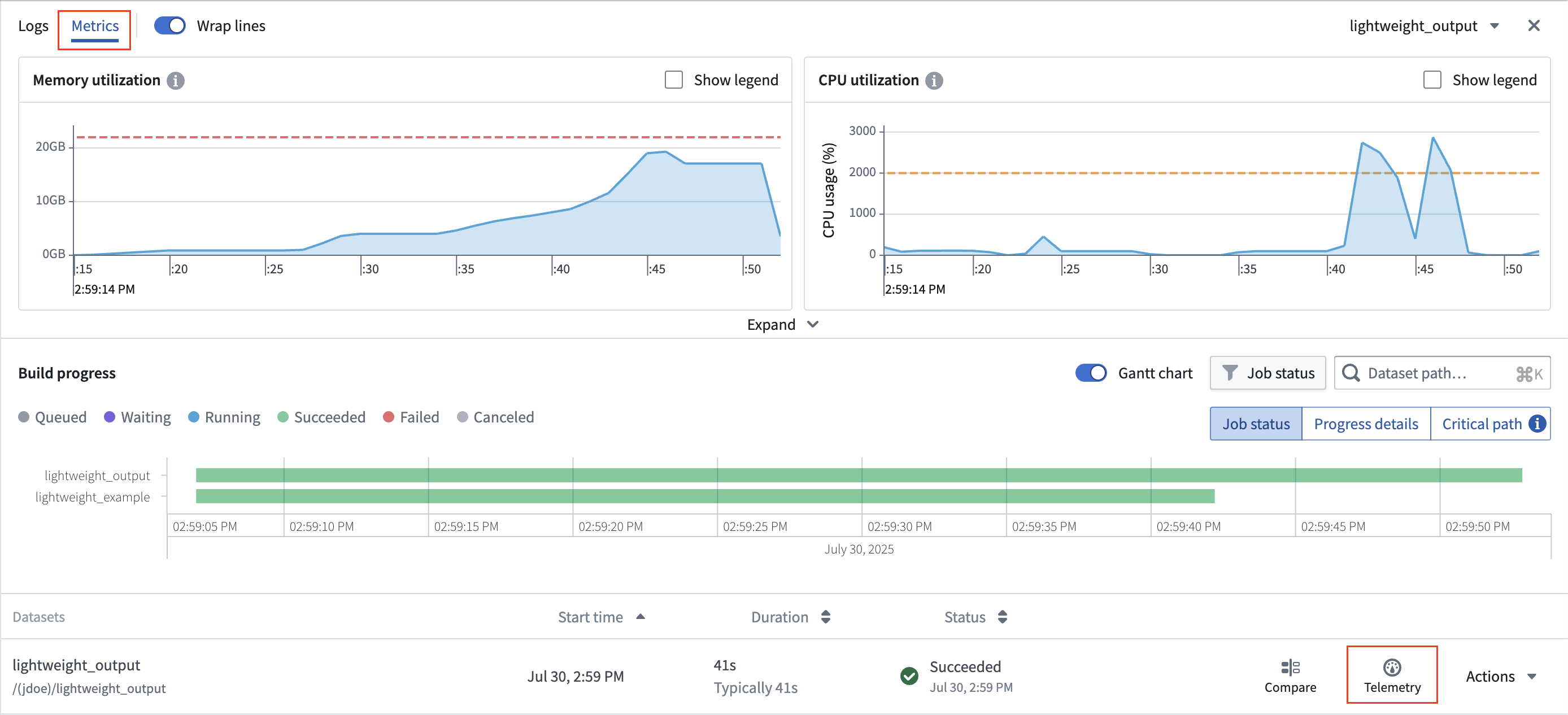 빌드 job의 Metrics 탭