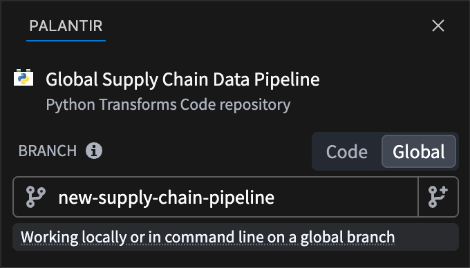 Palantir 패널의 Code 및 Global 브랜치 선택 탭