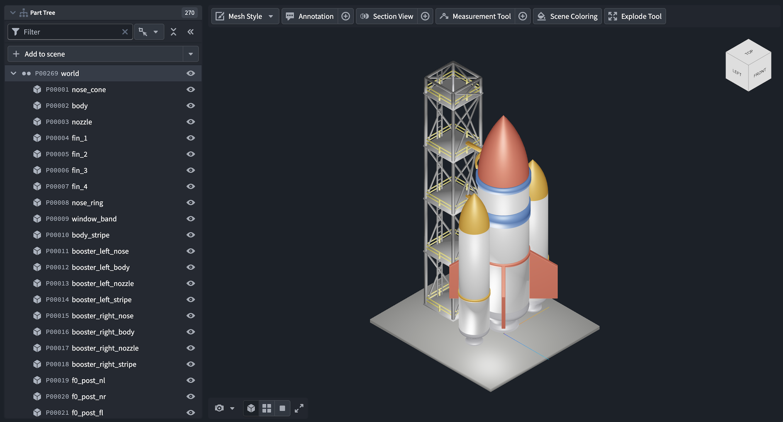 예시 CAD 모델을 표시한 3D 뷰포트와 왼쪽 장면 트리