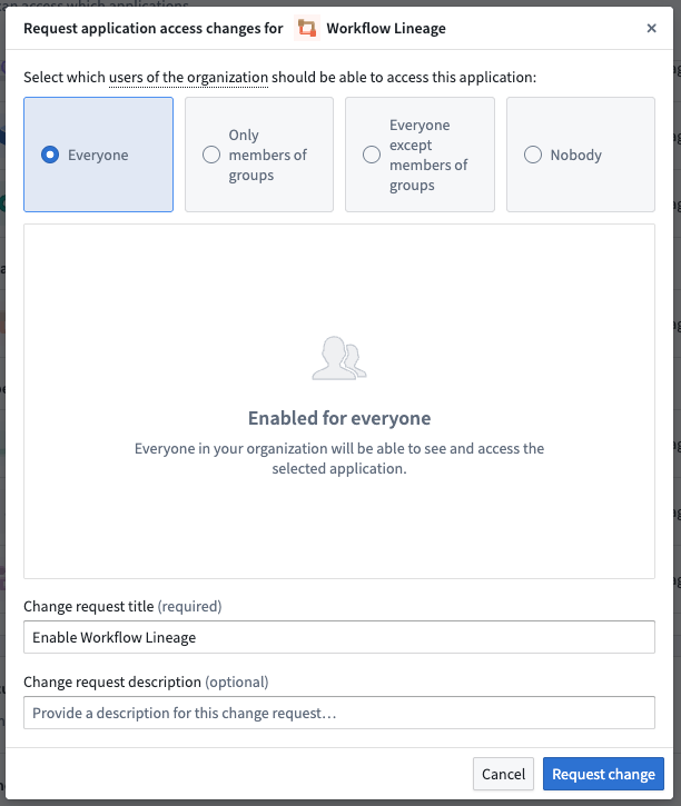 Workflow Lineage의 앱 제공 설정을 요청하는 대화상자