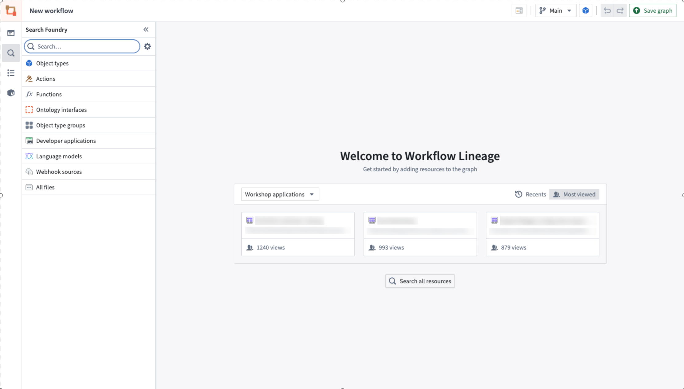 리소스를 추가하여 조사를 시작하는 Workflow Lineage 그래프