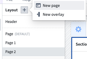Layout 패널에서 New page를 추가하는 메뉴